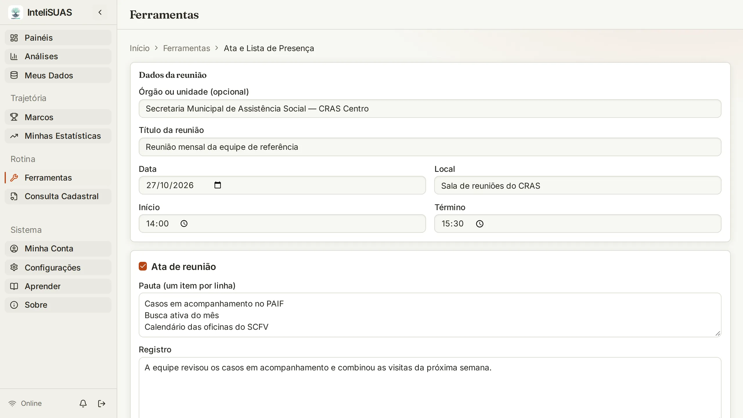 Ferramenta Ata e Lista de Presença do InteliSUAS, com o formulário da reunião preenchido, com dados de demonstração