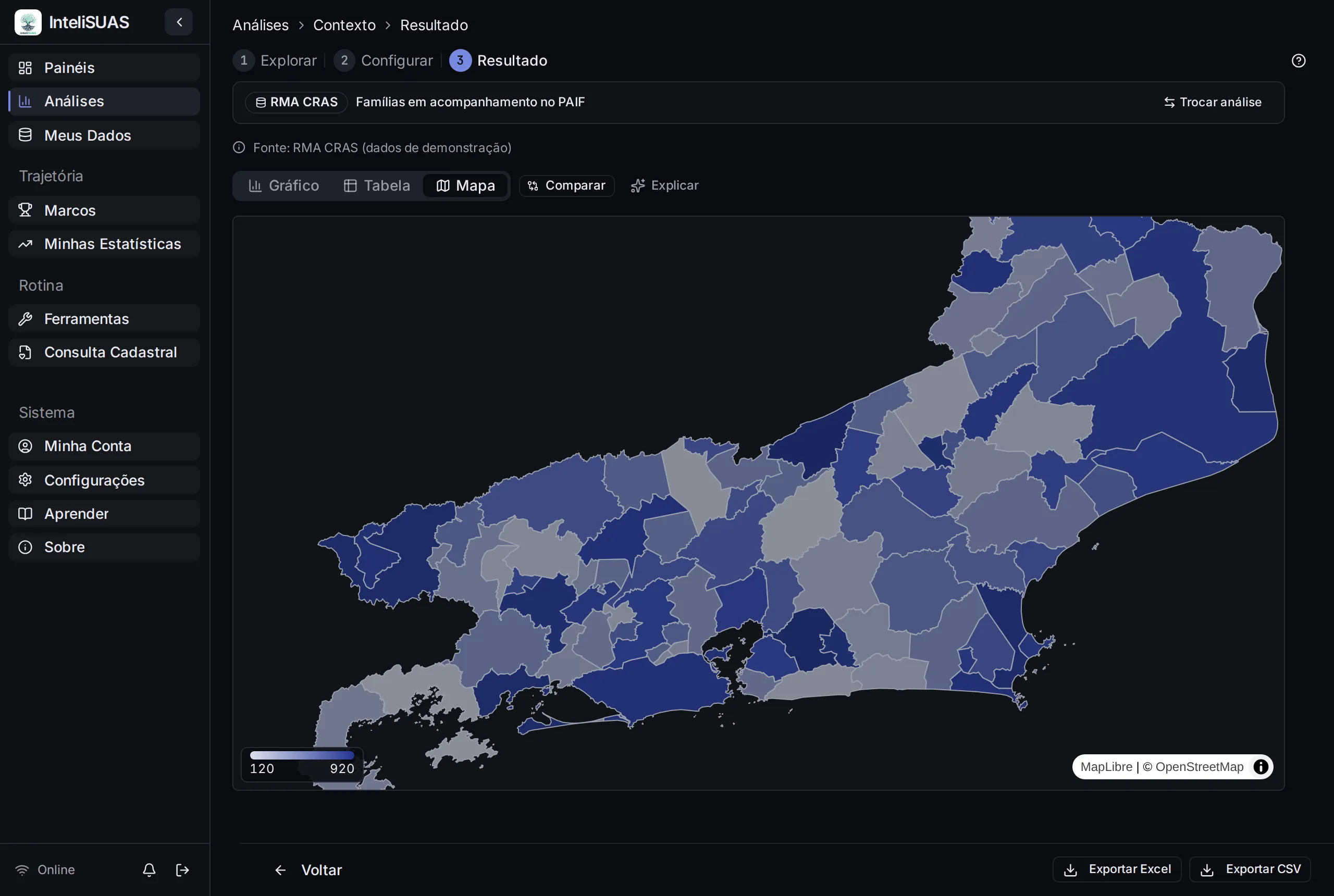 Tela do InteliSUAS com o RMA CRAS na visualização de mapa, no tema Obsidiana
