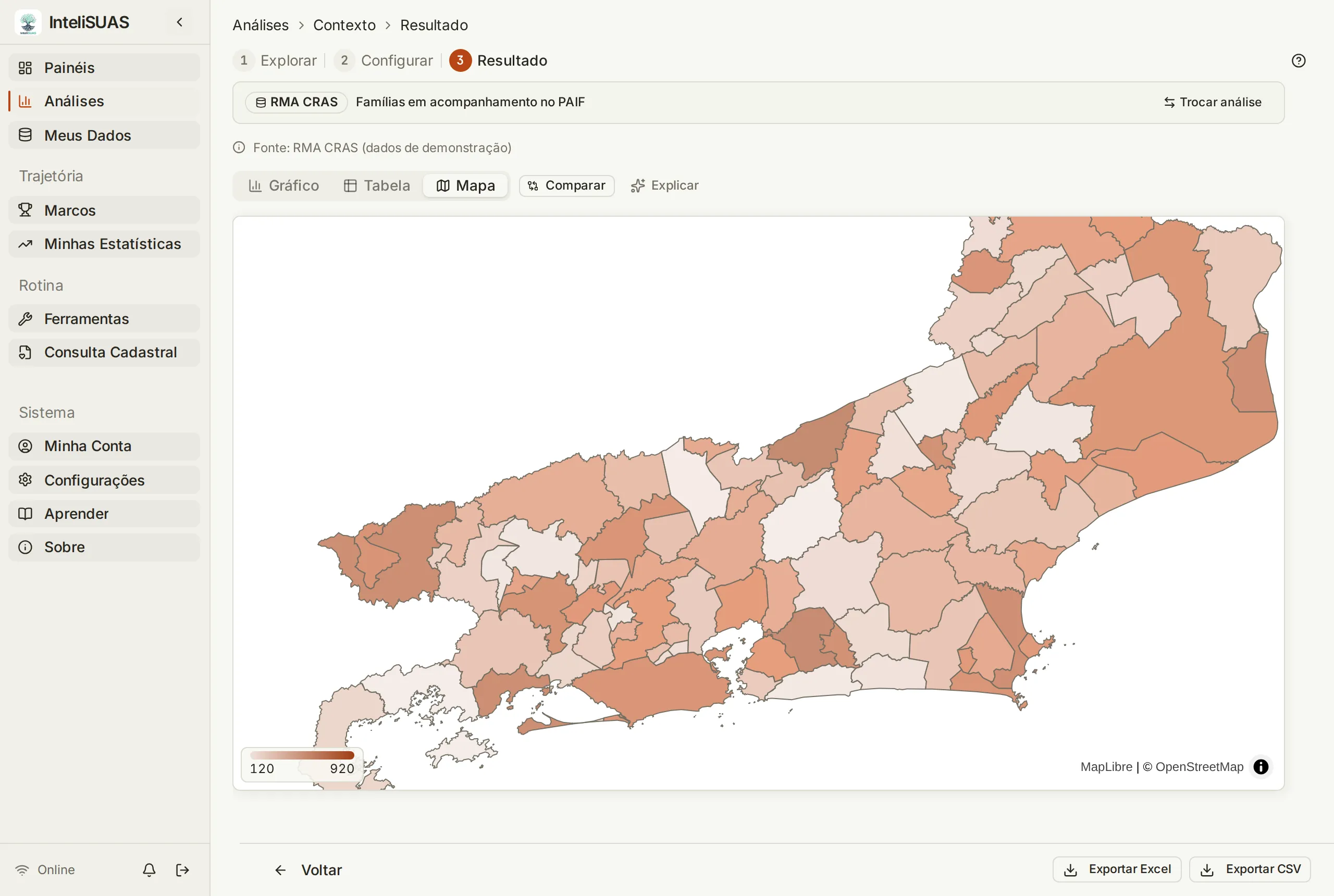 Tela do InteliSUAS com o RMA CRAS na visualização de mapa, por município