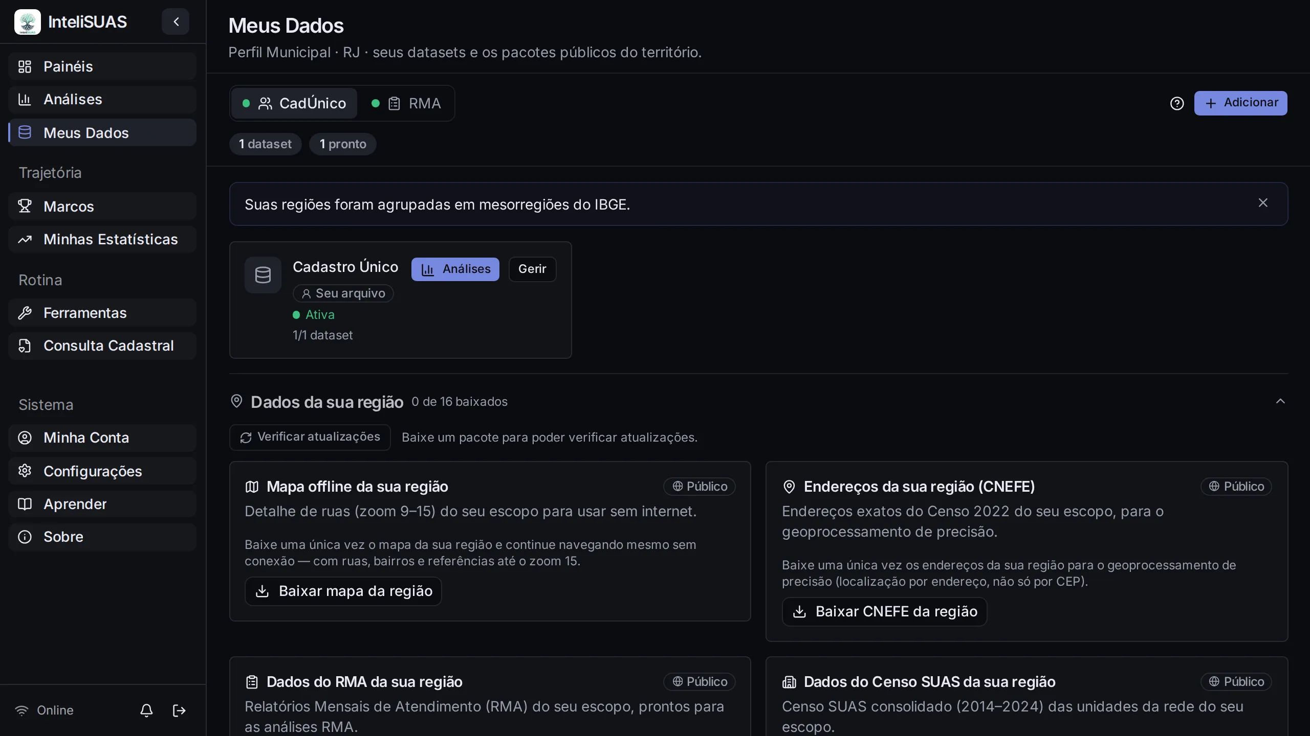 Tela Meus Dados do InteliSUAS, no tema Obsidiana