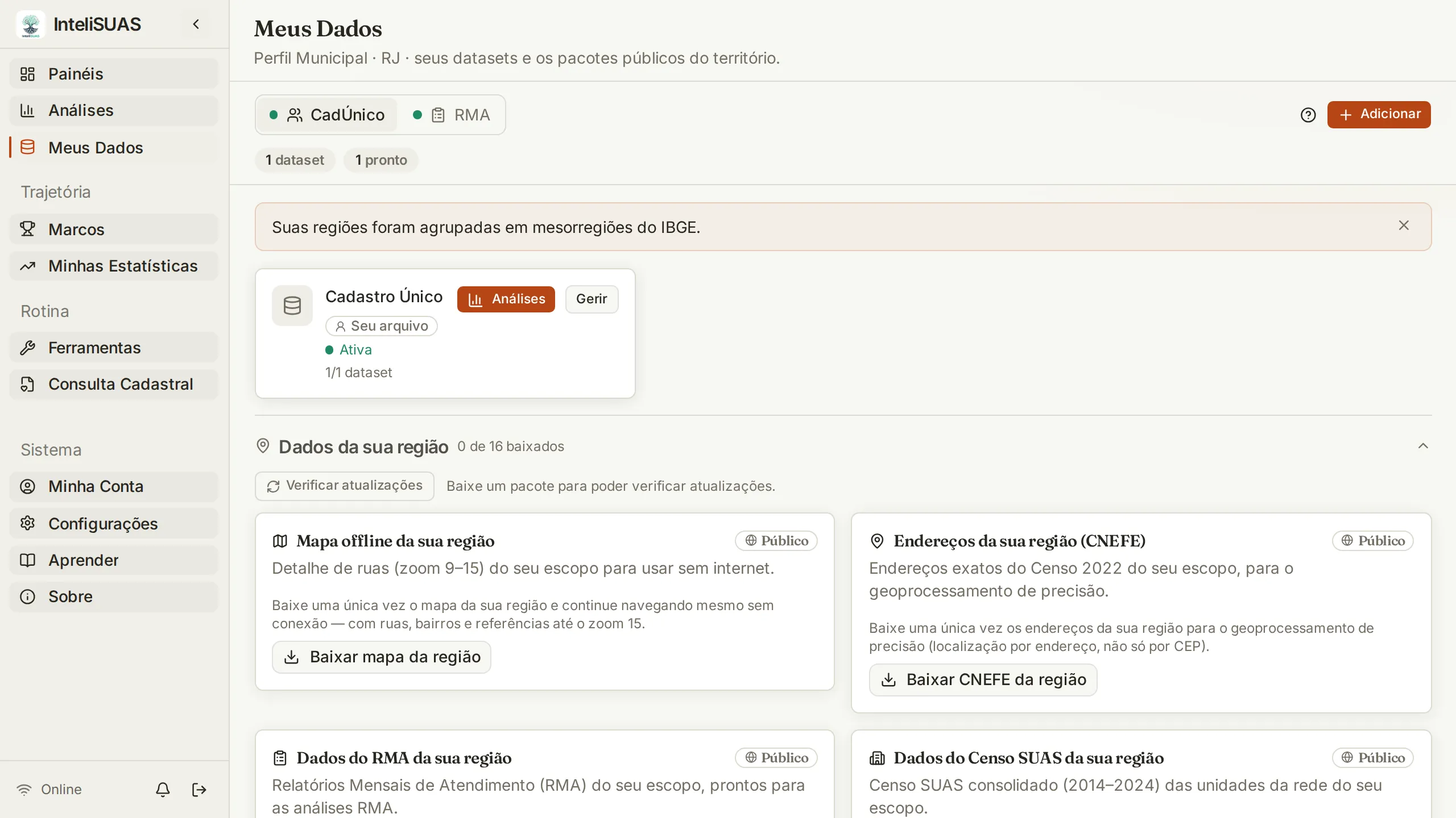 Tela Meus Dados do InteliSUAS, com o arquivo do CadÚnico e os pacotes públicos do território